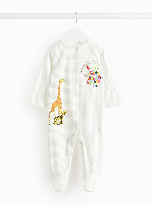 White Striped Elmer Print Sleepsuit  Up to 1 mth